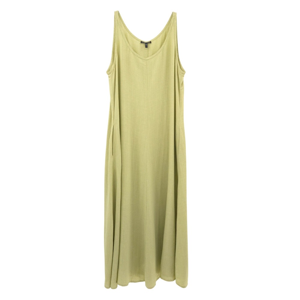 Eileen Fisher Maxi Dress Womens L Green Linen Blend Sleeveless Scoop Neck Pocket